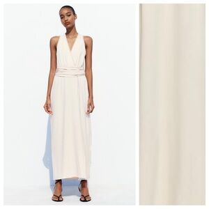 NWT. Zara Ecru Mixed Semi-Sheer Long Slip Sleeveless Dress. Size XL.